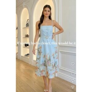 A.Peach Light Blue Floral Midi Dress Gold Button Belted NWT Large